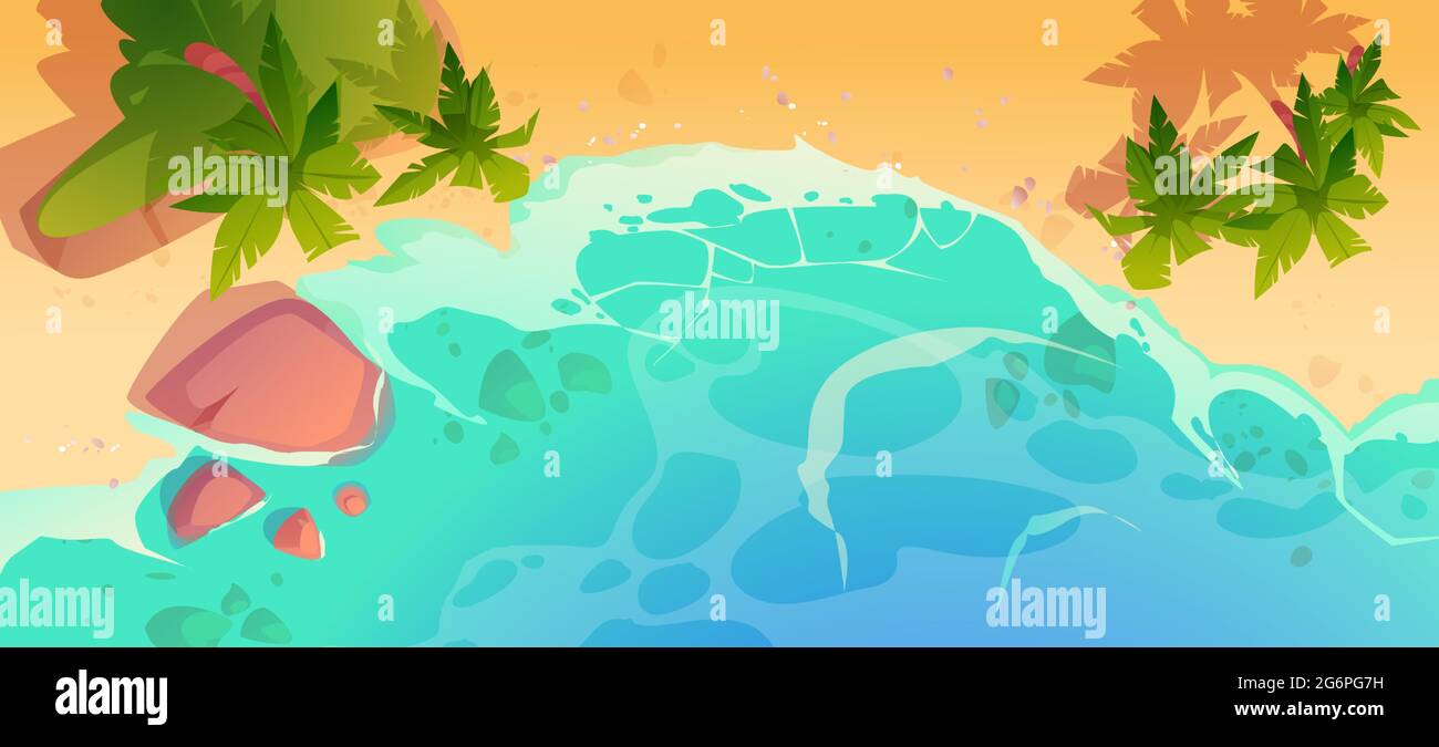 Summer ocean beach top view. Sandy sea shore with stones and palm trees. Vector cartoon illustration of tropical seaside with yellow sand, coast with blue water waves Stock Vector