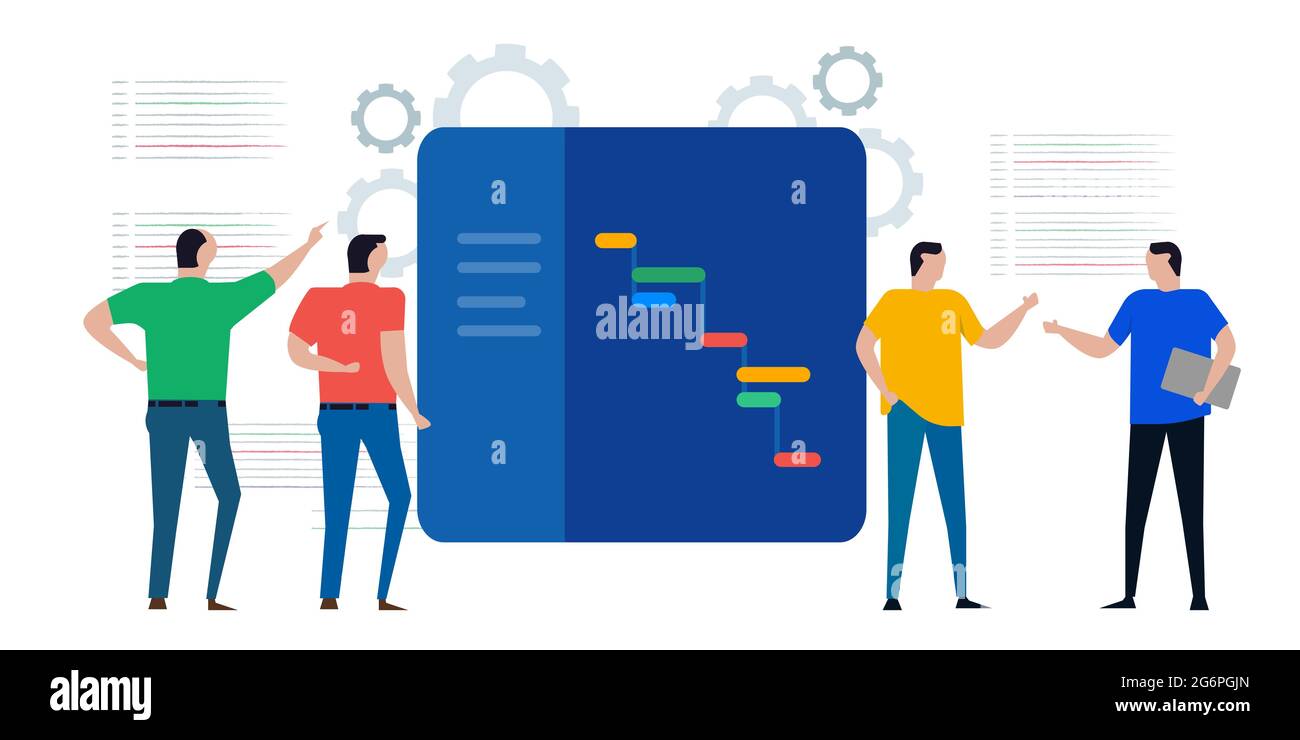 gantt chart large board of project schedule with waterfall software development methodology people discuss Stock Vector