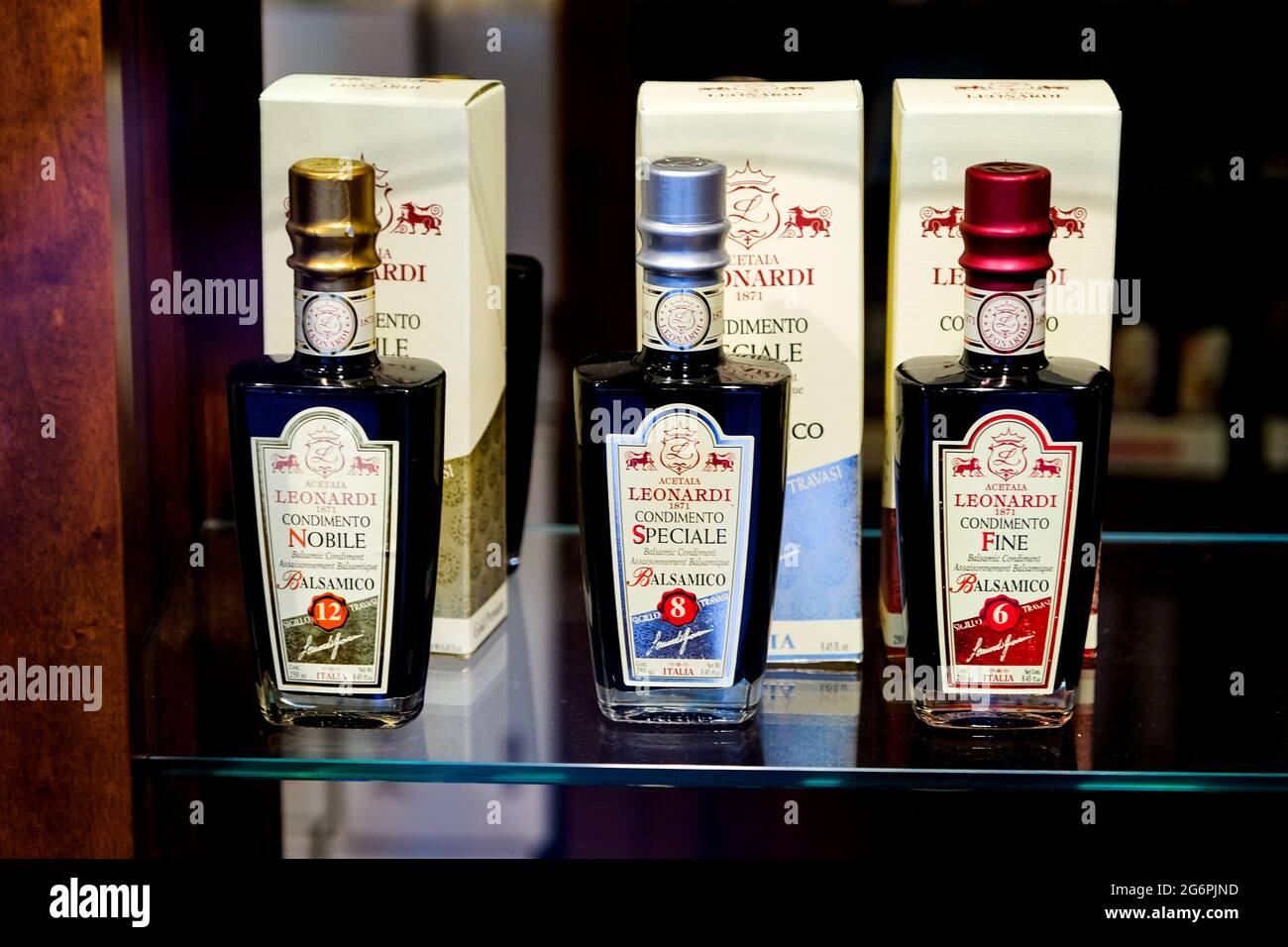 Bottles of aged Balsamic on display in Modena Italy Stock Photo