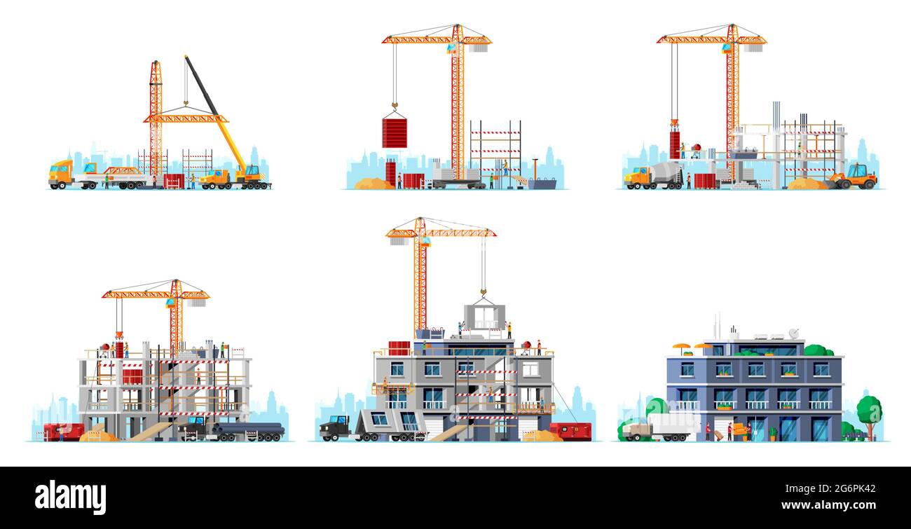 Construction Site Stages Isolated on White. Stock Vector