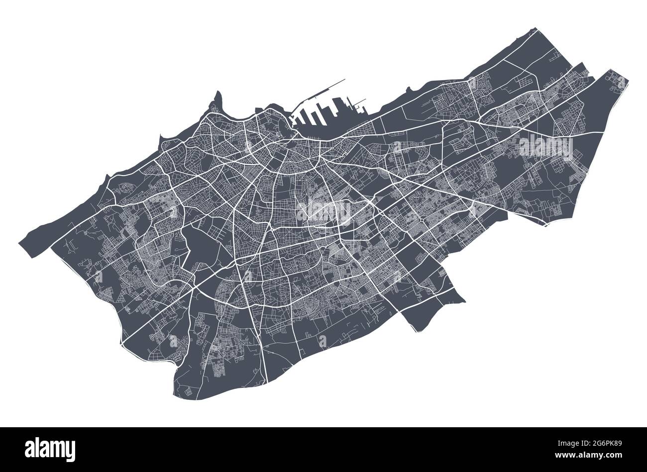 Casablanca map. Detailed vector map of Casablanca city administrative area. Cityscape poster metropolitan aria view. Dark land with white streets, roa Stock Vector
