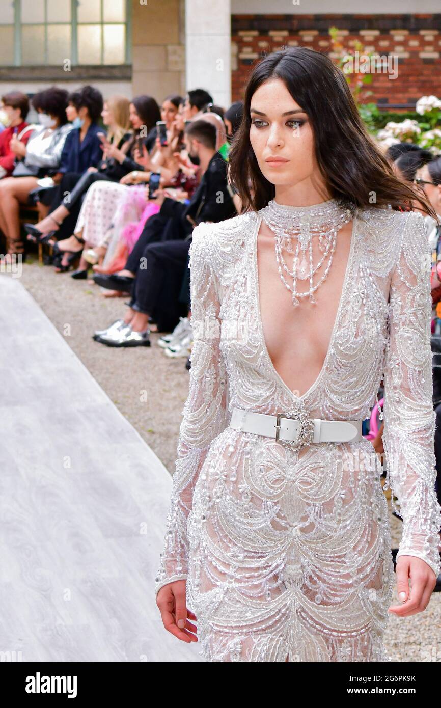 Paris, France, 7th July 2021.A model walks the runway during the Zuhair Murad Couture Haute Couture Fall/Winter 2021/2022 show as part of Paris Fashion Week on July 7, 2021 in Paris, France. Photo by Jana Call me J/ABACAPRESS.COM Stock Photo