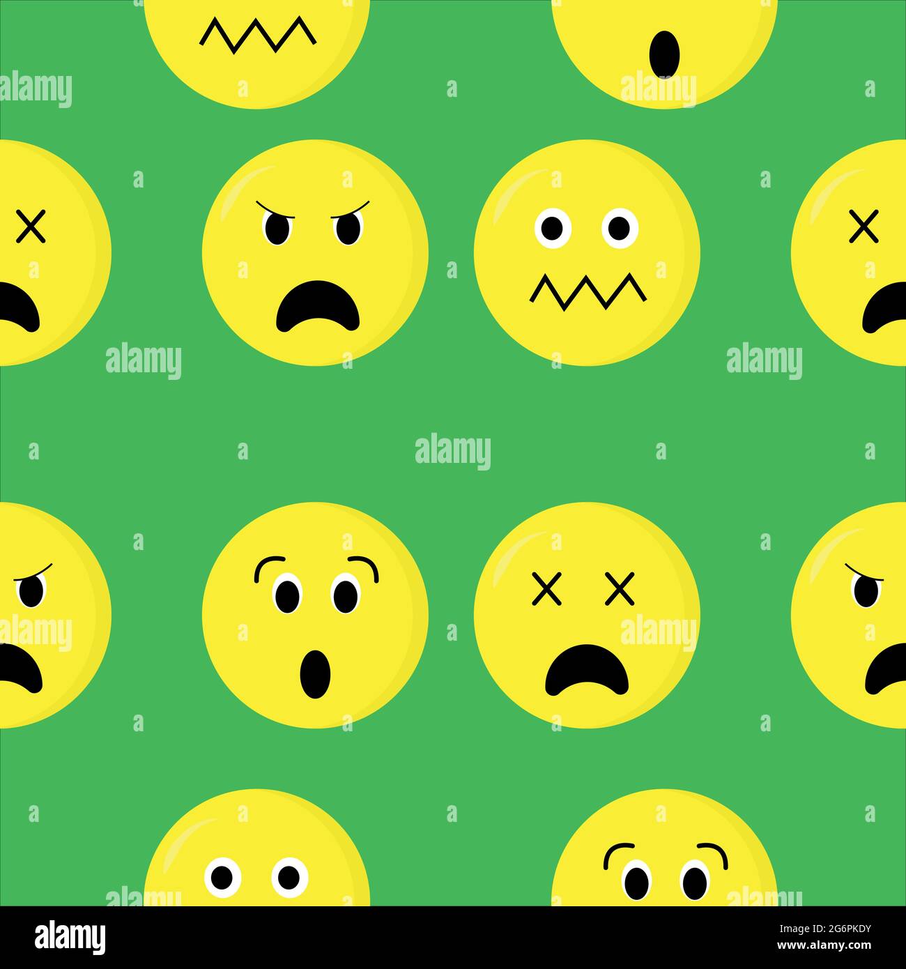 A pattern from a set of vector pictures with different emotions. Dissatisfied emoticons on a green background Stock Vector