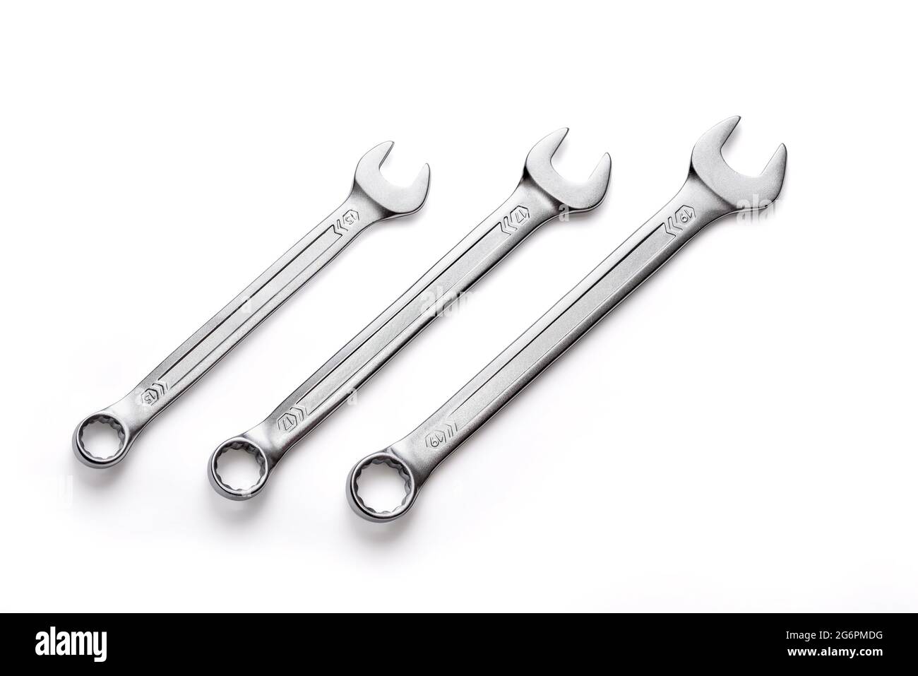 Three chrome vanadium wrenches isolated on white background Stock Photo