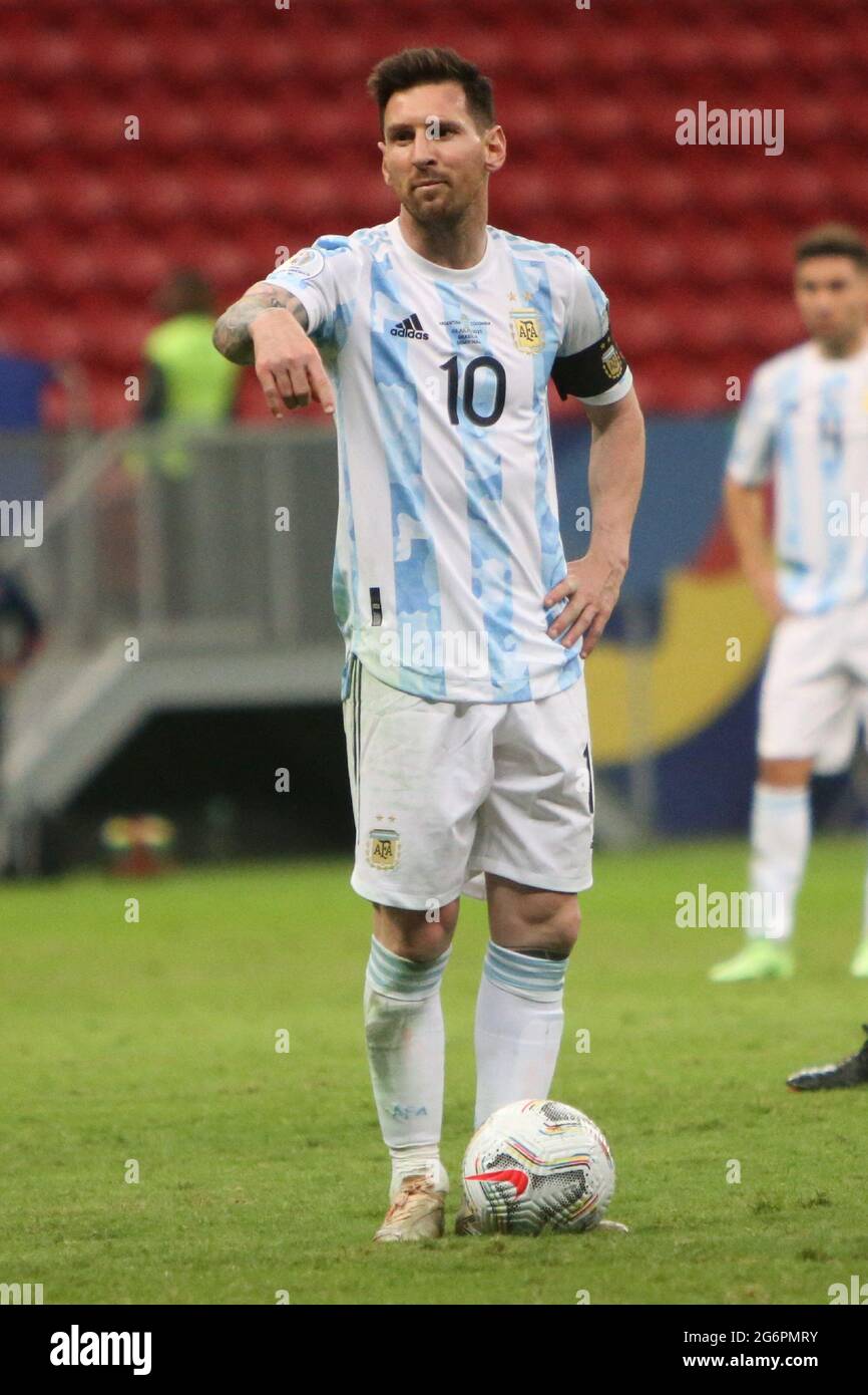 Brasilia, Brazil. 6th July, 2021.Lionel Messi of Argentina during the Copa America 2021, semi-final football match between Argentina and Colombia on July 6, 2021 at Estádio Nacional Mané Garrincha in Brasilia, Brazil. Photo by Laurent Lairys/ABACAPRESS.COM Stock Photo