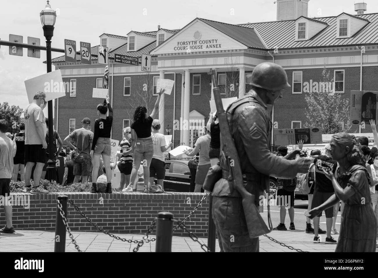 Protesters in front of the Forsyth County Courthouse. Stock Photo