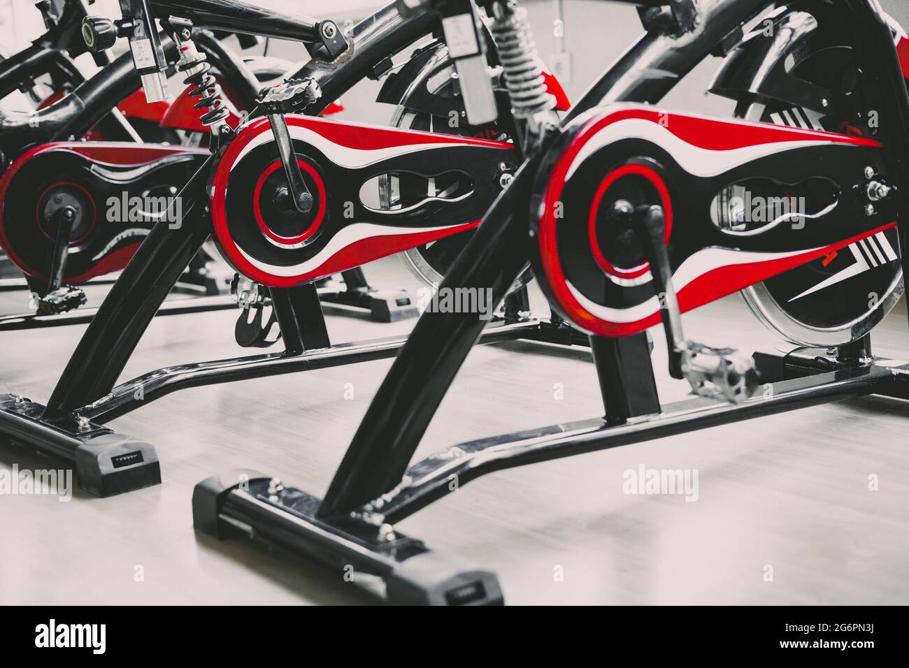 Fitness club with training exercise bikes . close up Stock Photo Alamy