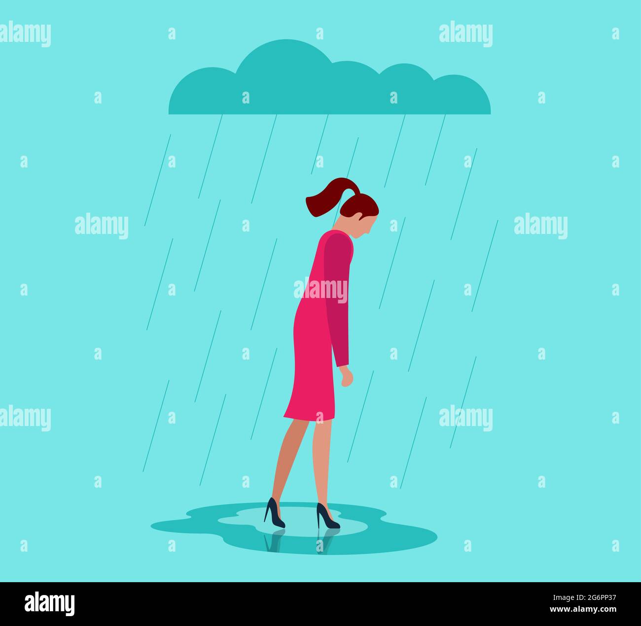 Unhappy depressed loneliness sad woman in stress with negative emotion problem walking under rain cloud. Alone loser female person depression. Solitude and bad emotions in overcast weather eps concept Stock Vector