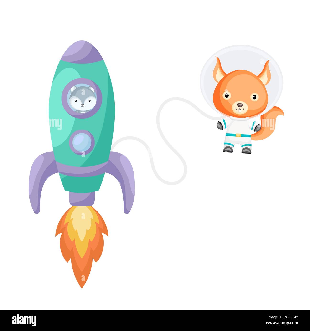 Cute little wolf flying in turquoise rocket. Cartoon squirrel character in space costume with rocket on white background. Design for baby shower, invi Stock Vector