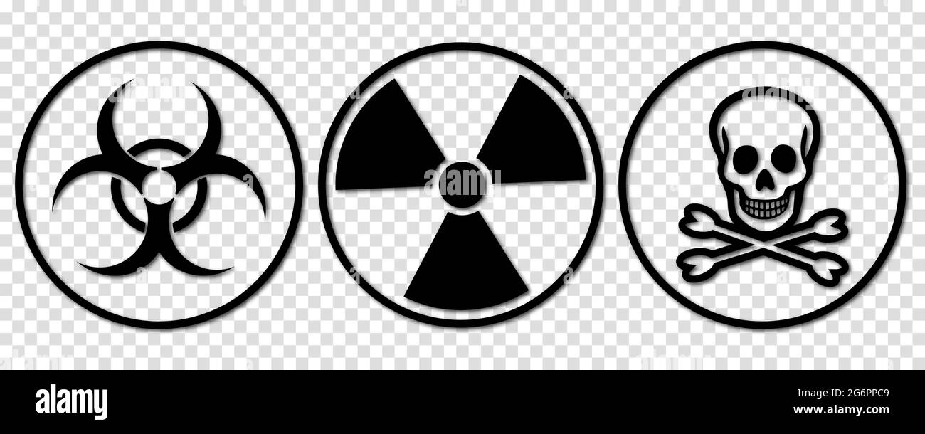 Biohazard, toxic and radiation signs. Line art style. Danger vector icons isolated on transparent background Stock Vector