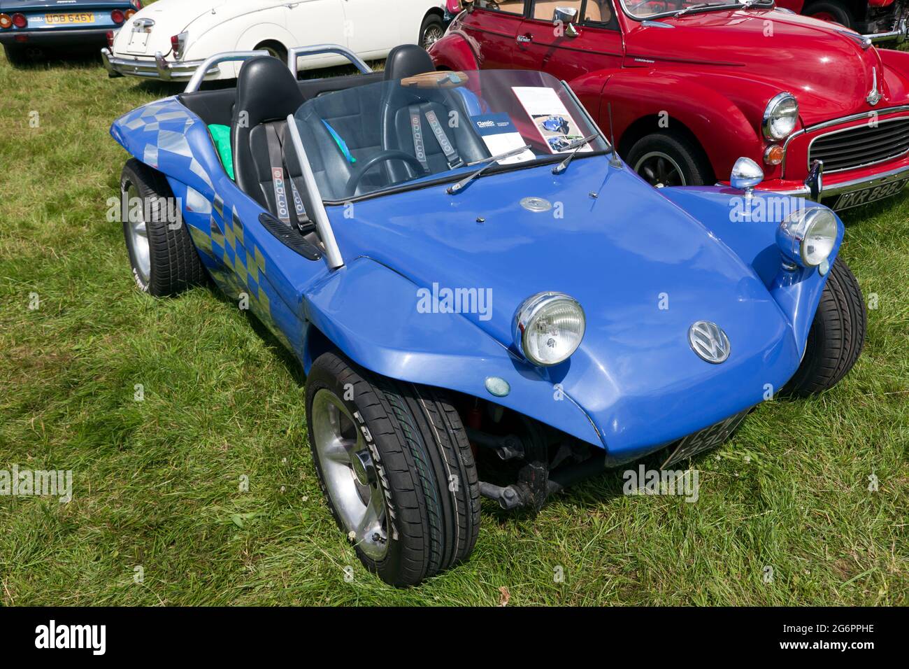 Three-quarter front view of a Blue, 1972, ECB Prowler Beach Buggy, on display at the 2021 London Classic Car Show Stock Photo