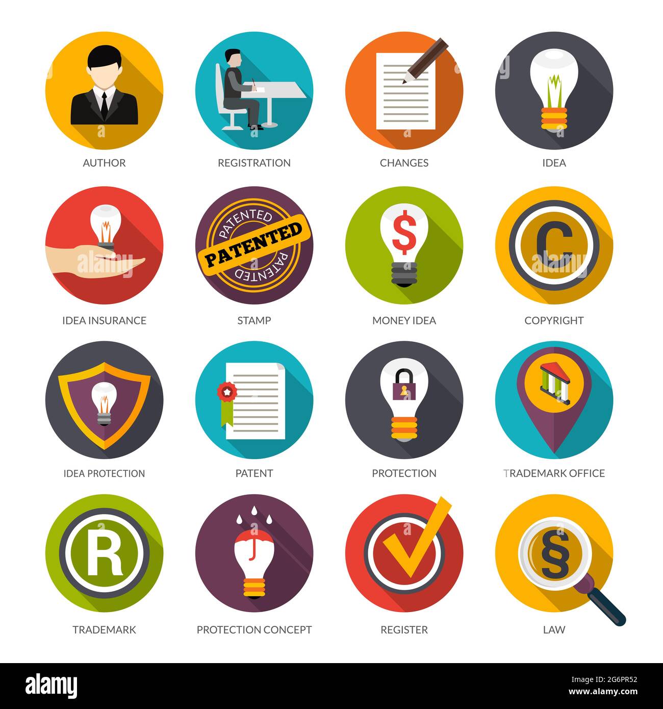 Patent idea protection flat icons set with author trademark copyright symbols isolated vector illustration Stock Vector