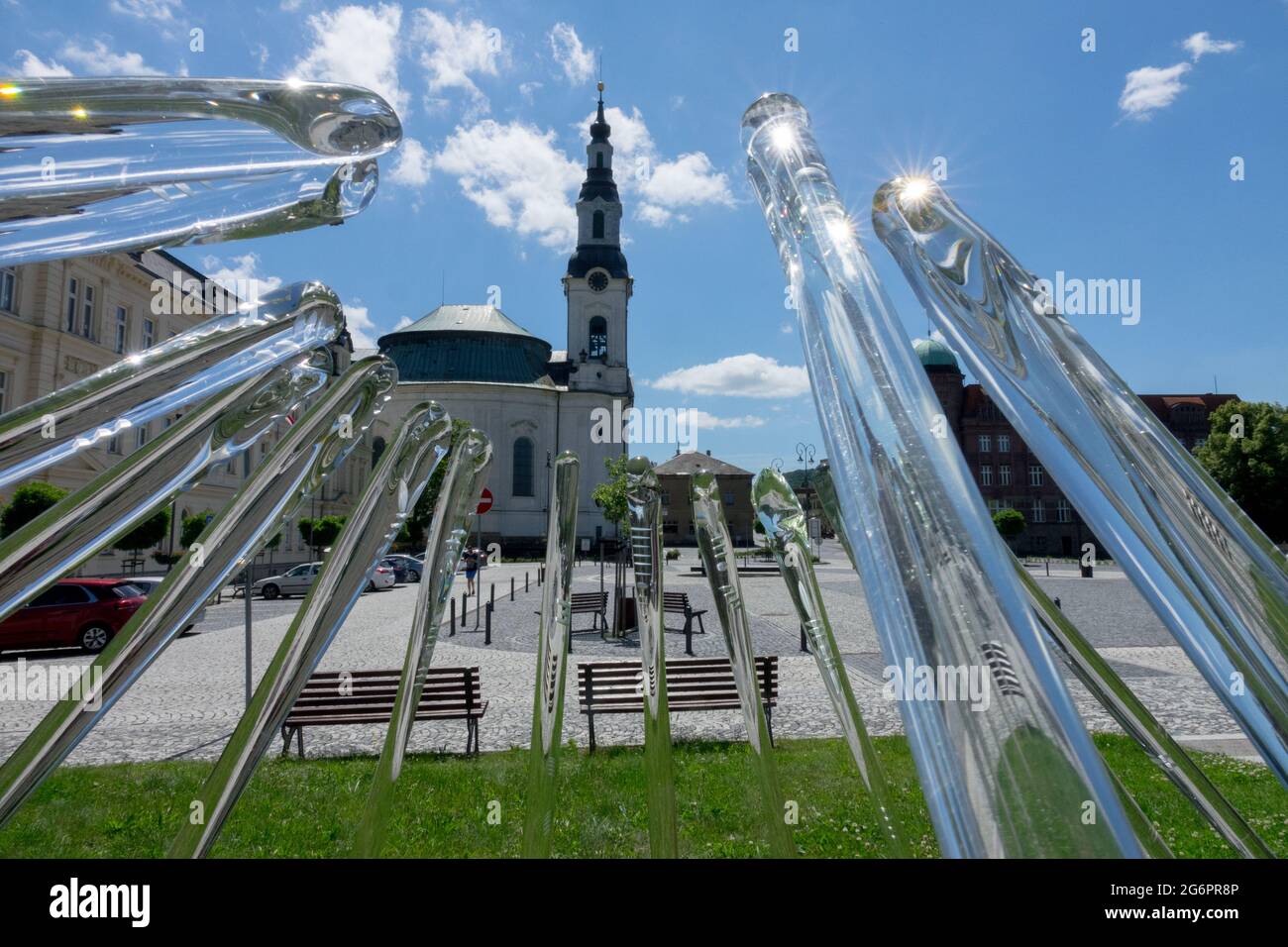 Glass sculpture in historic square Novy Bor Czech Republic Stock Photo