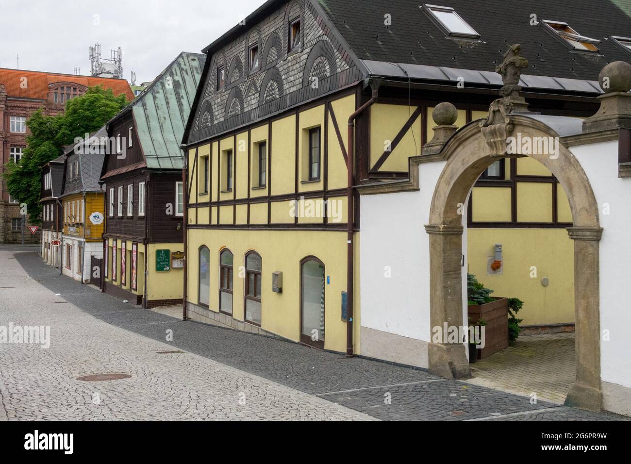 Historic houses on the square of Novy Bor Czech Republic Stock Photo