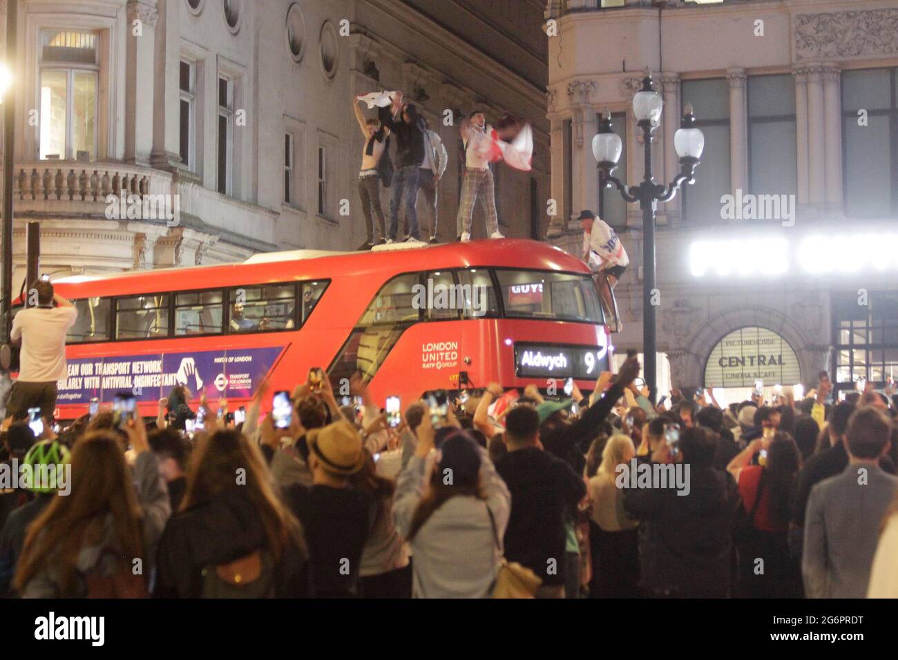 English fans celebrating their team’s winning and going on to the final. It was very nice at Piccadilly Circus and Haymarket everybody was singing and dancing and some people got on the tope of a red bus and were dancing it was very nice and they could still be there 7/7/2021 blitz pictures Stock Photo