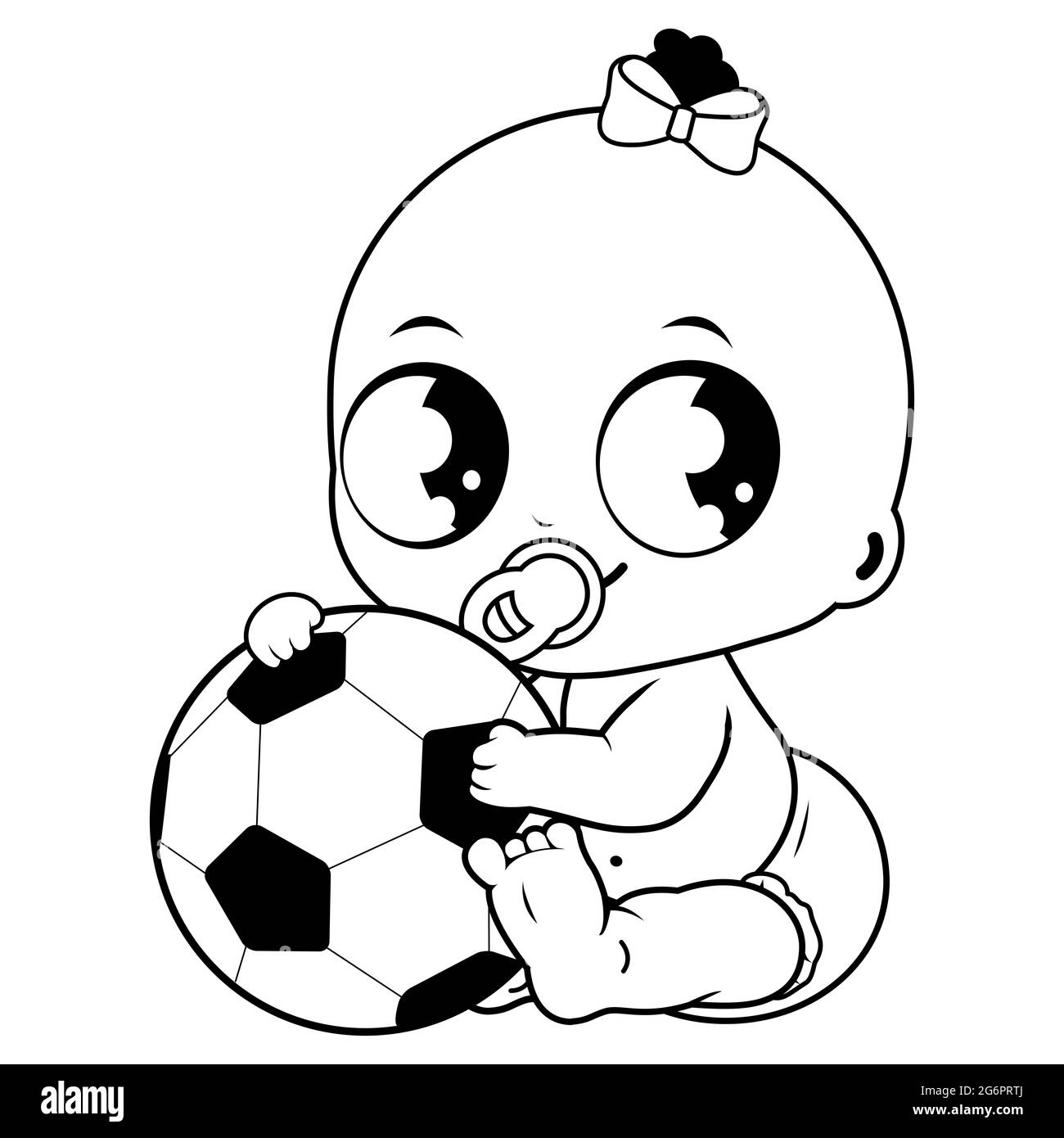 Baby girl holding a soccer ball. Black and white coloring page Stock Photo