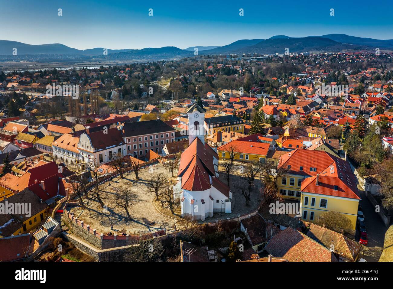 Szentendre, hungary - Aerial view of the city of Szentendre on a sunny day with Belgrade Serbian Orthodox Cathedral and clear blue sky Stock Photo