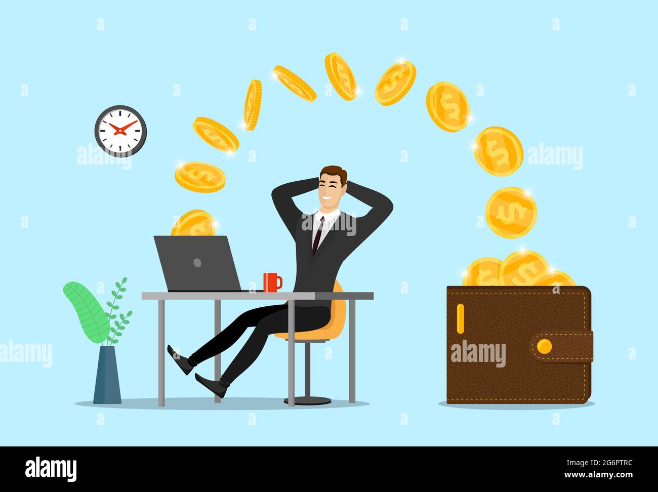 Happy businessman with laptop get money in wallet. Online finance income business man. Joyful person makes passive profit or get wages. Male web gambling and earning concept. Coin from internet eps Stock Vector