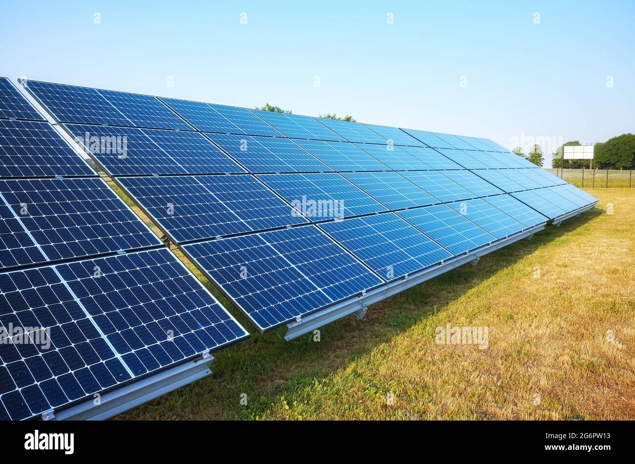 Picture of solar panel modules on a sunny day, selective focus. Stock Photo