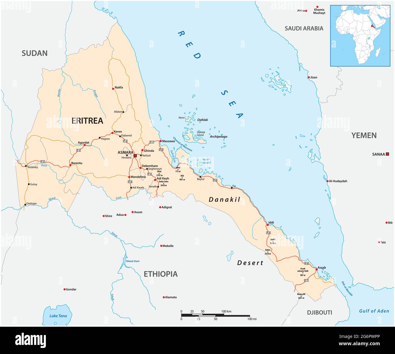 vector road map of the East African state of Eritrea Stock Vector