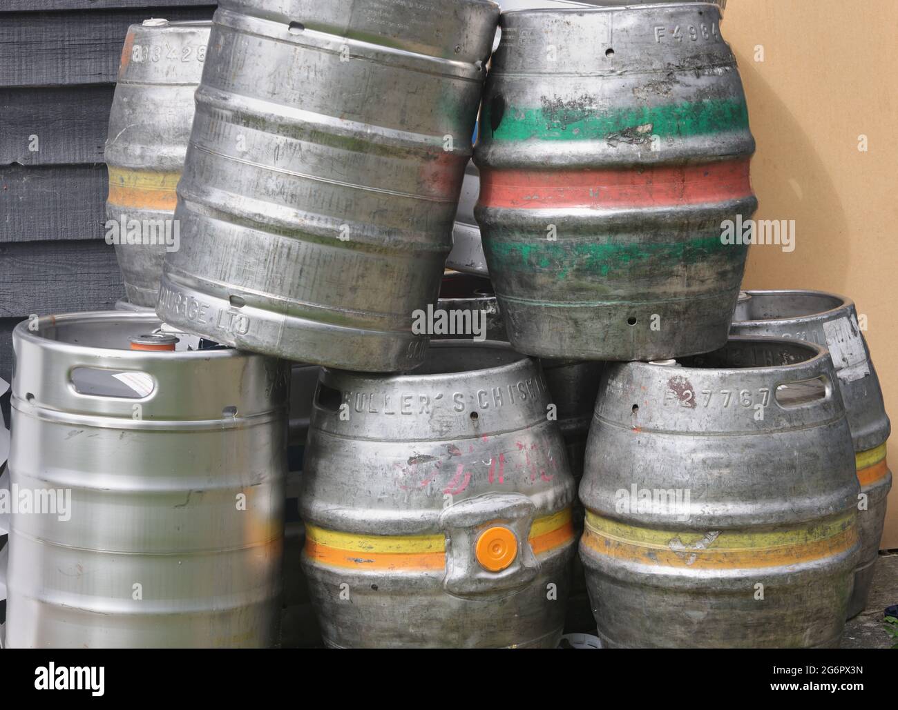 Empty beer barrels seen piled up for collection Stock Photo Alamy