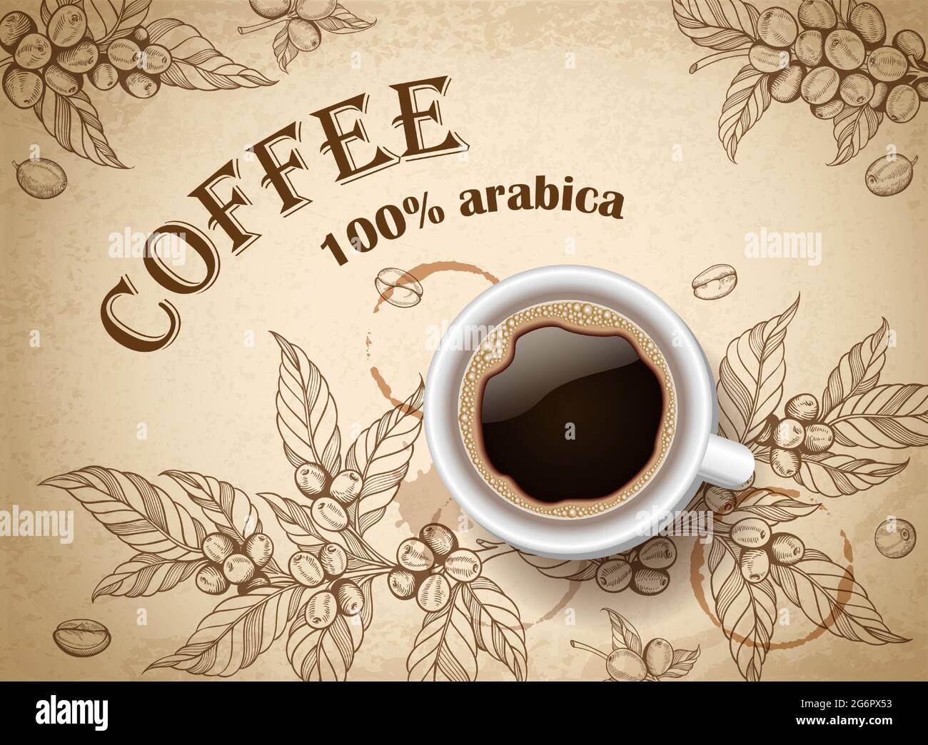 Vintage background with coffee cup and coffee beans. Vector ...
