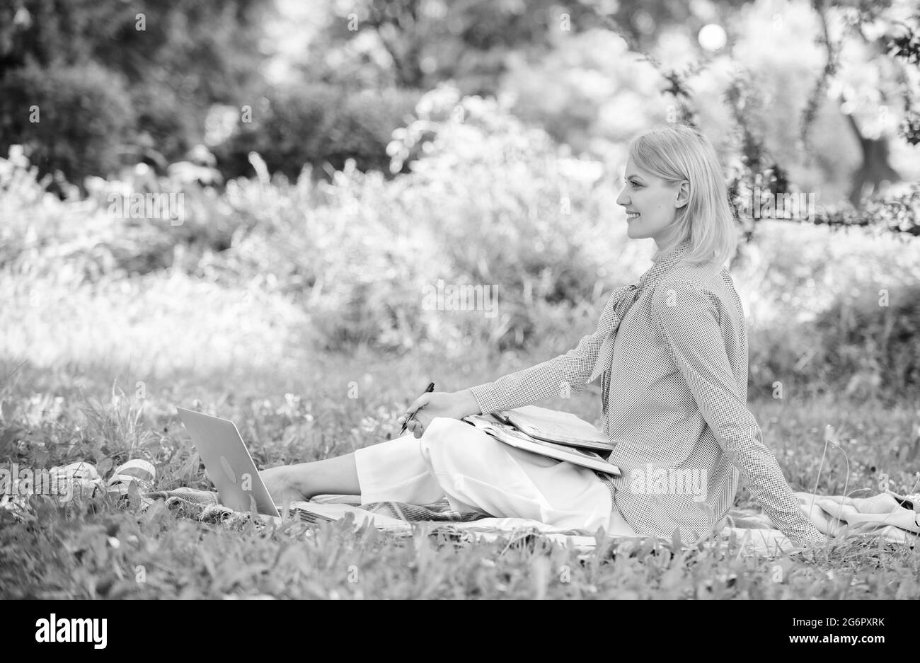 Business lady freelance work outdoors. Remote job concept. Managing