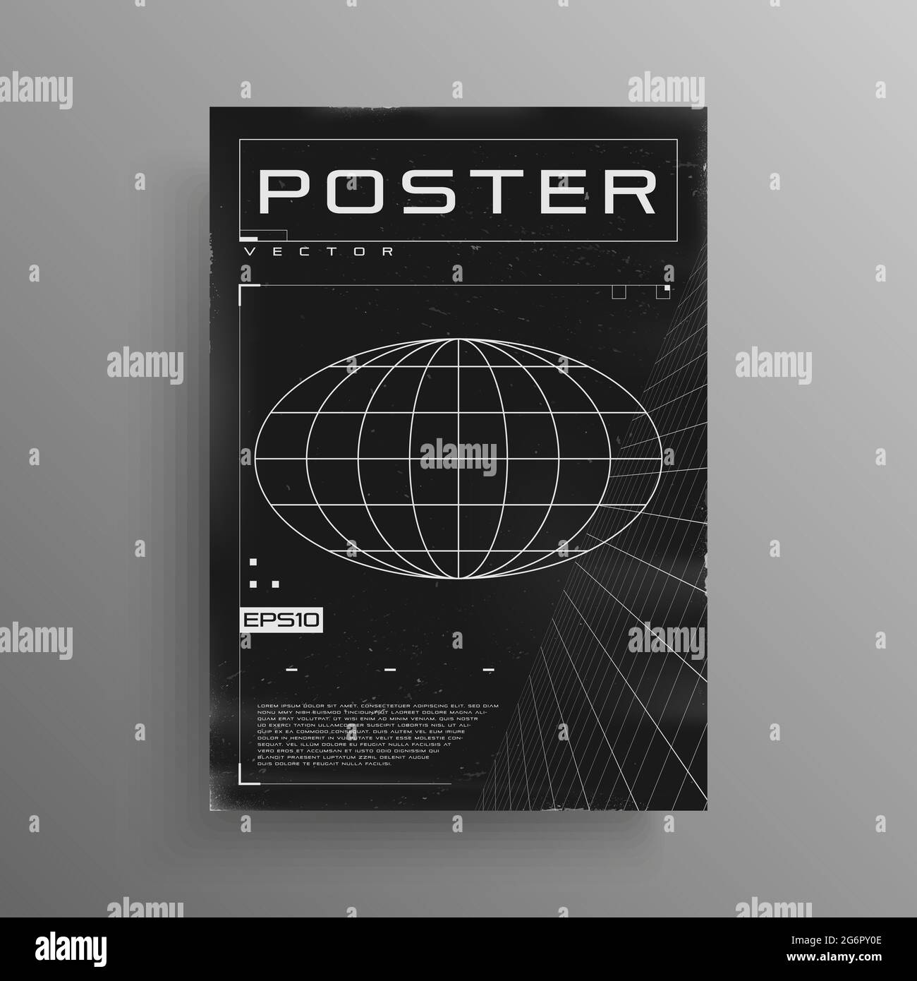 Retrofuturistic poster design with ellipse planet and perspective grid. Retro cyberpunk poster with trendy cyber and HUD elements. Cover design for Stock Vector