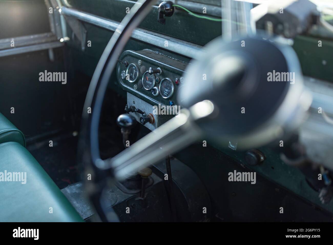 Interior view of a vintage Land Rover,Nottinghamshire,UK Stock Photo