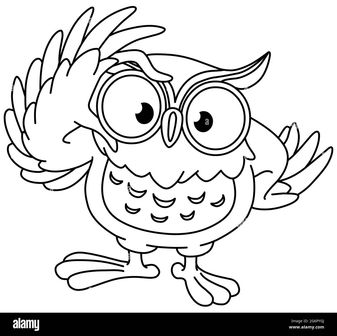 Owl touching his glasses. Vector line art illustration coloring page. Stock Photo