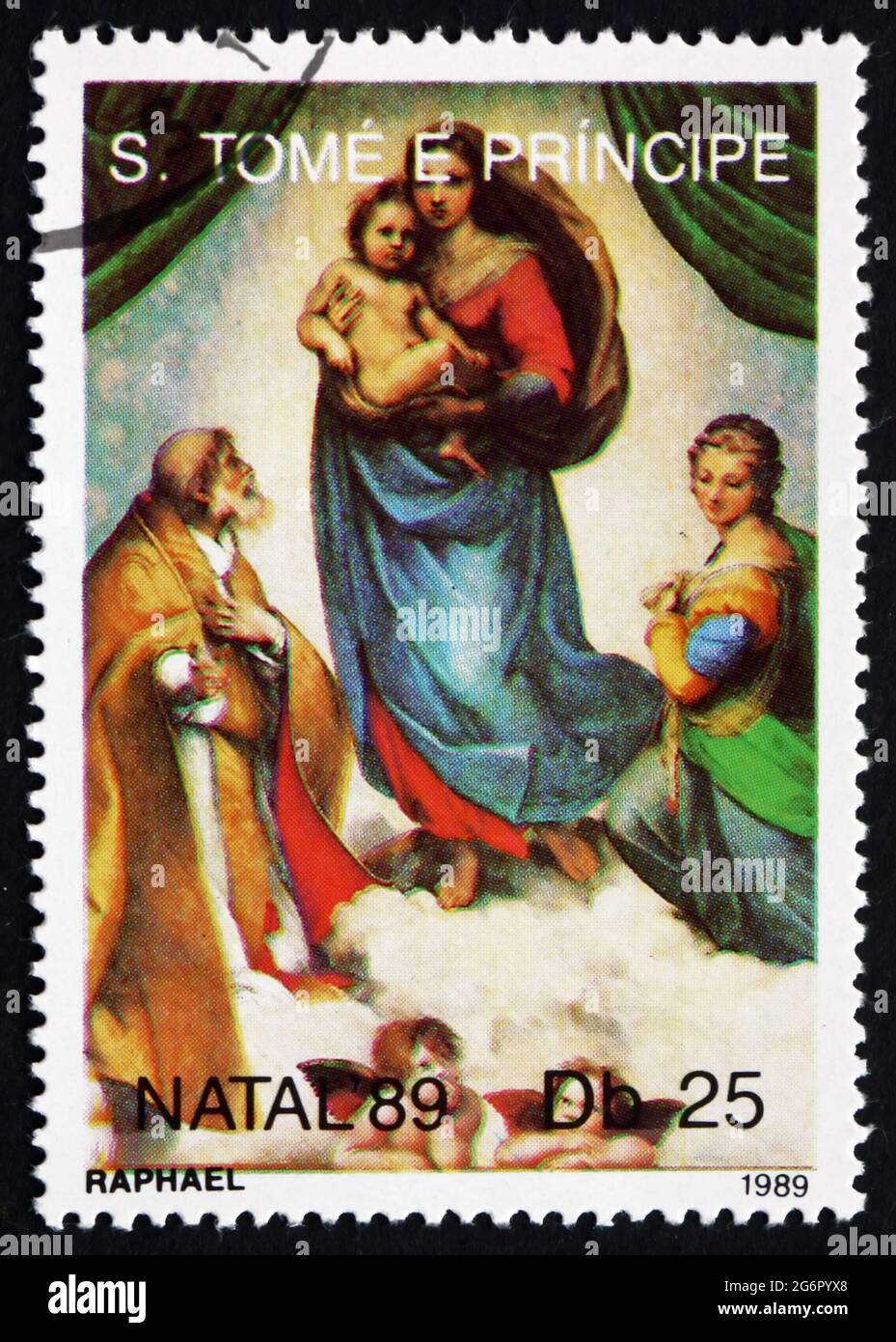 SAO TOME AND PRINIPE - CIRCA 1989: a stamp printed in Sao Tome and Principe shows Sistine Madonna, Painting by Raphael, Christmas, circa 1989 Stock Photo