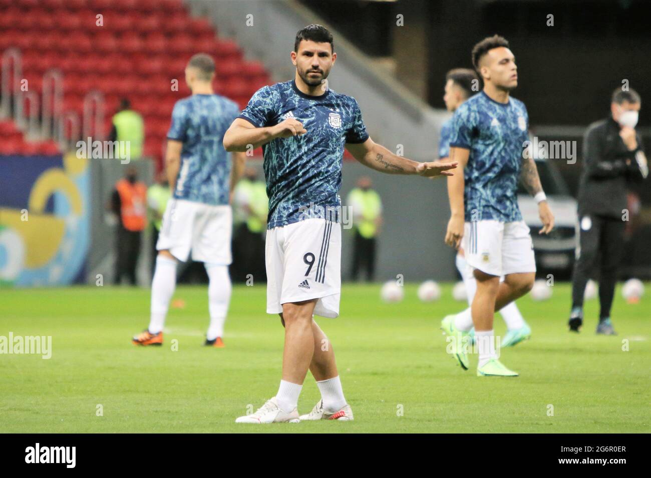 Brasilia, Brazil, 7th July 2021. Sergio Aguero of Argentina warms up during the Copa America 2021, semi-final football match between Argentina and Colombia on July 7, 2021 at Estadio Nacional Mane Garrincha in Brasilia, Brazil - Photo Laurent Lairys / DPPI Stock Photo