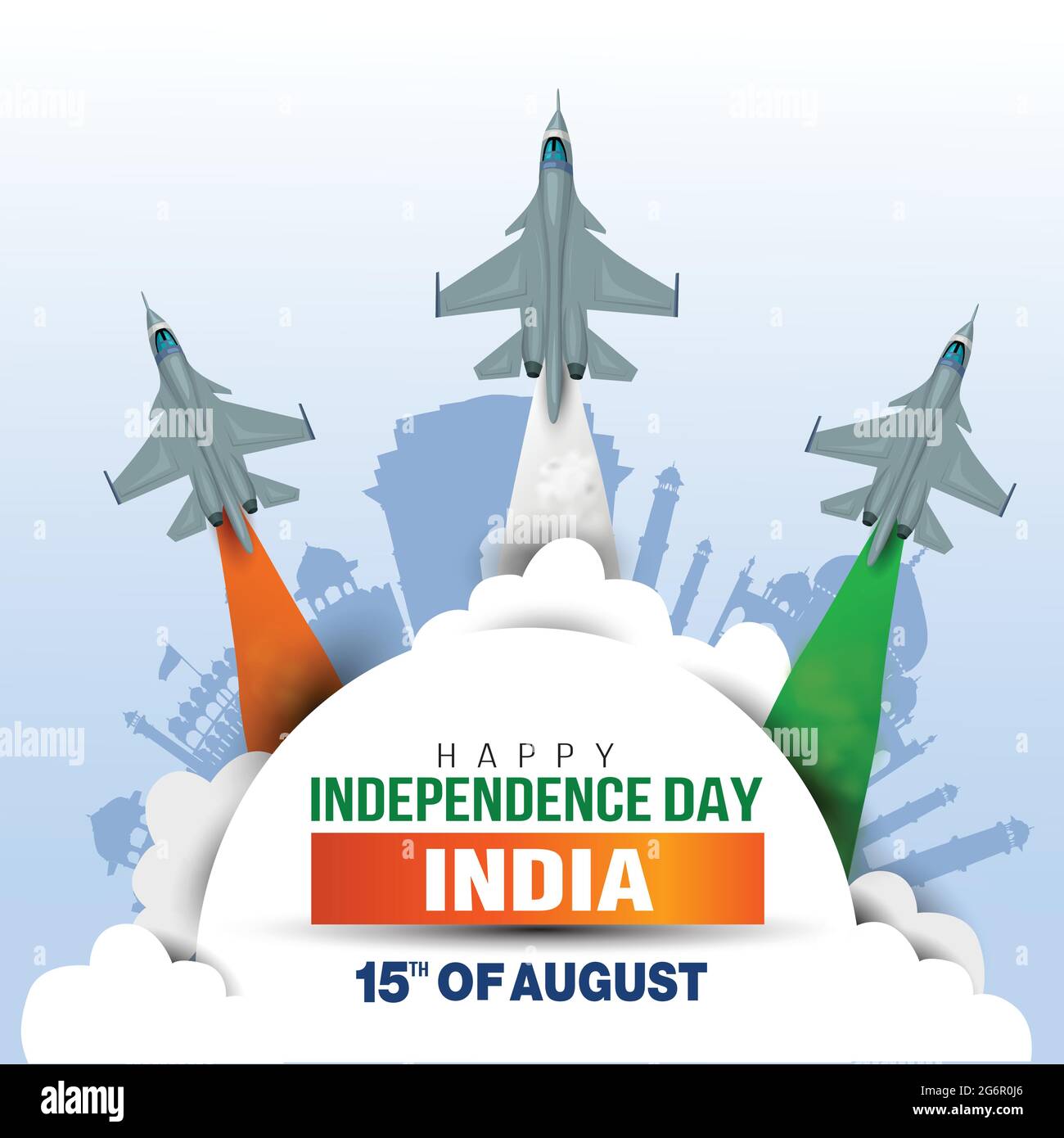 Happy Independence Day India concept with vector illustration of fighter jets and Indian flag colors, with blue background. Stock Vector