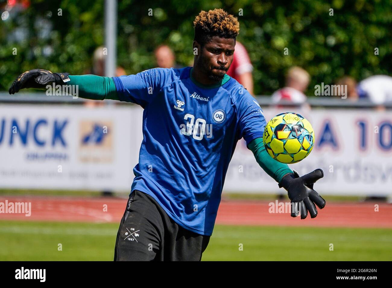 Nyborg, Denmark. 07th July, 2021. Goalkeeper Sayouba Mande (30) of OB seen during a test match between Odense Boldklub and Broendby IF at Nyborg Idraetspark in Nyborg. (Photo Credit: Gonzales Photo/Alamy Live News Stock Photo