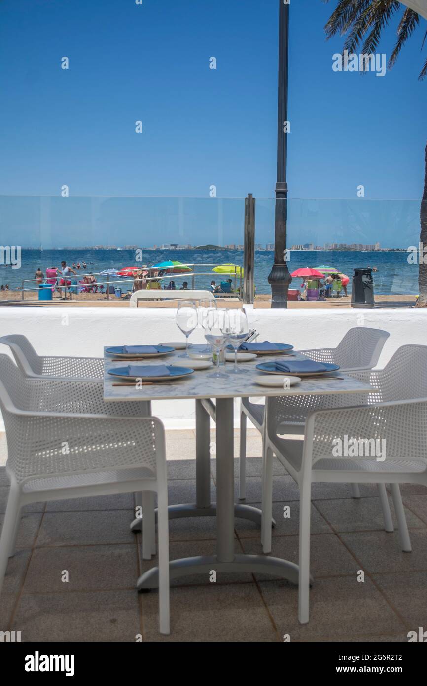 4 Place setting on a dining table at El Secreto Lounge in Mar de Cristal, Murcia, Spain Stock Photo