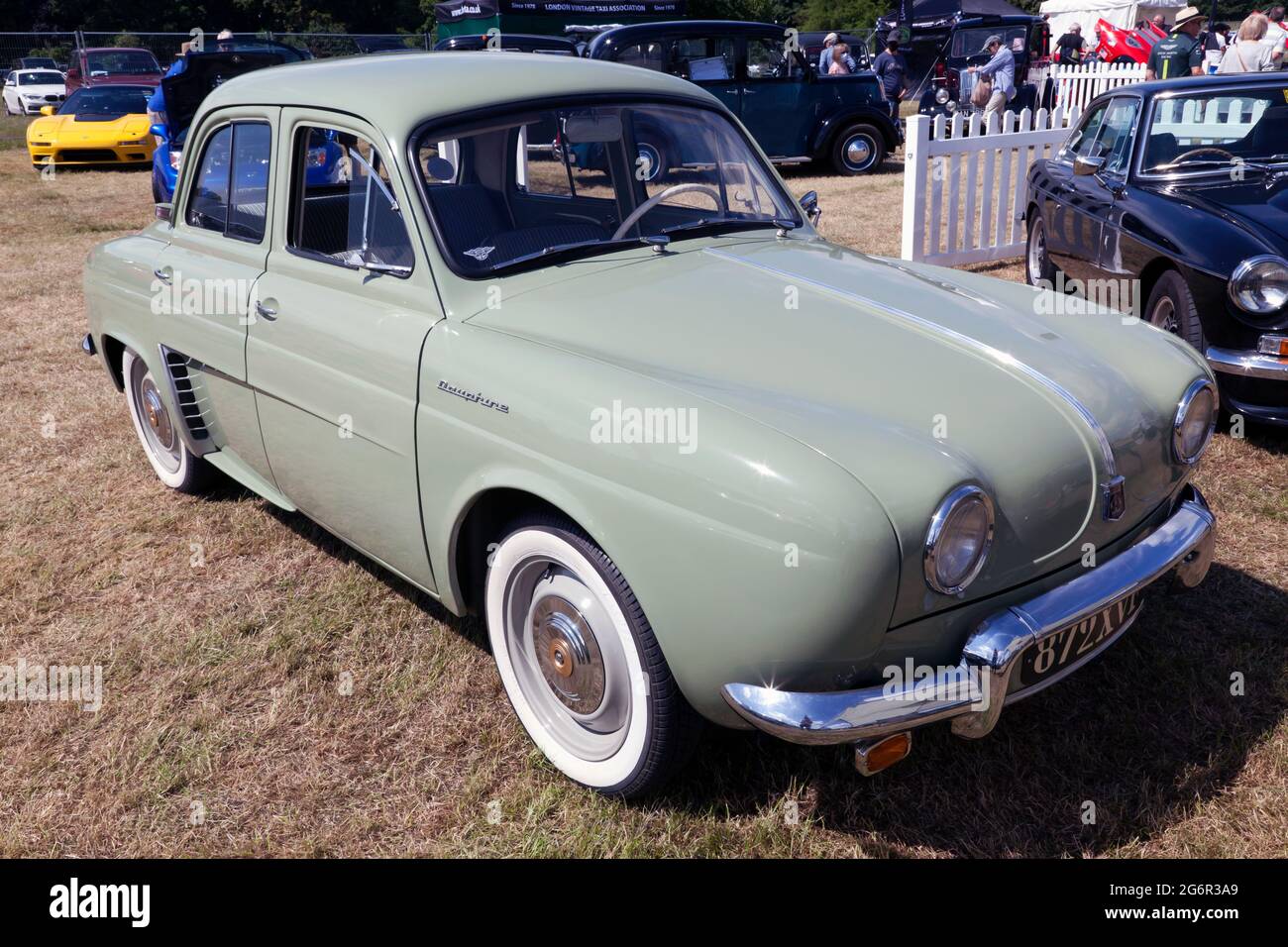 Three-quarters front view of a Green, 1957, Renault  Dauphine, on display at the 2021  London Classic Car Show Stock Photo
