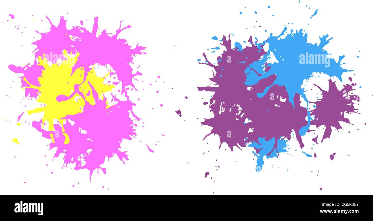 Composition of pink, blue and purple paint splats on white background Stock Photo