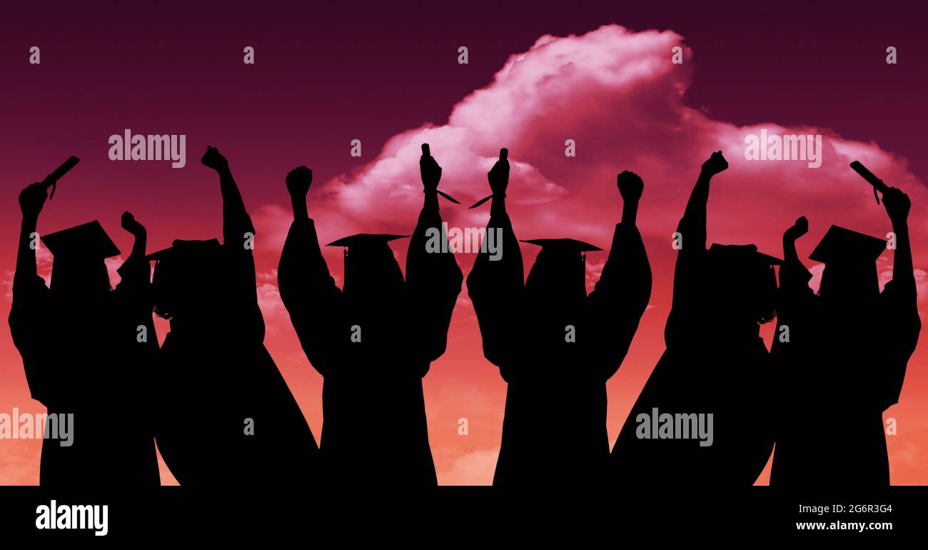 Composition of silhouettes of graduating students in caps and gowns with arms raised on sunset sky Stock Photo