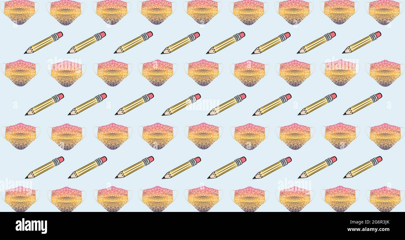 Composition of yellow pencils and facemasks repeated in rows on pink background Stock Photo