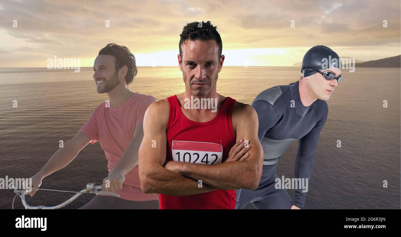 Composition of man on bike, male swimmer and male runner, over sunset and sea Stock Photo