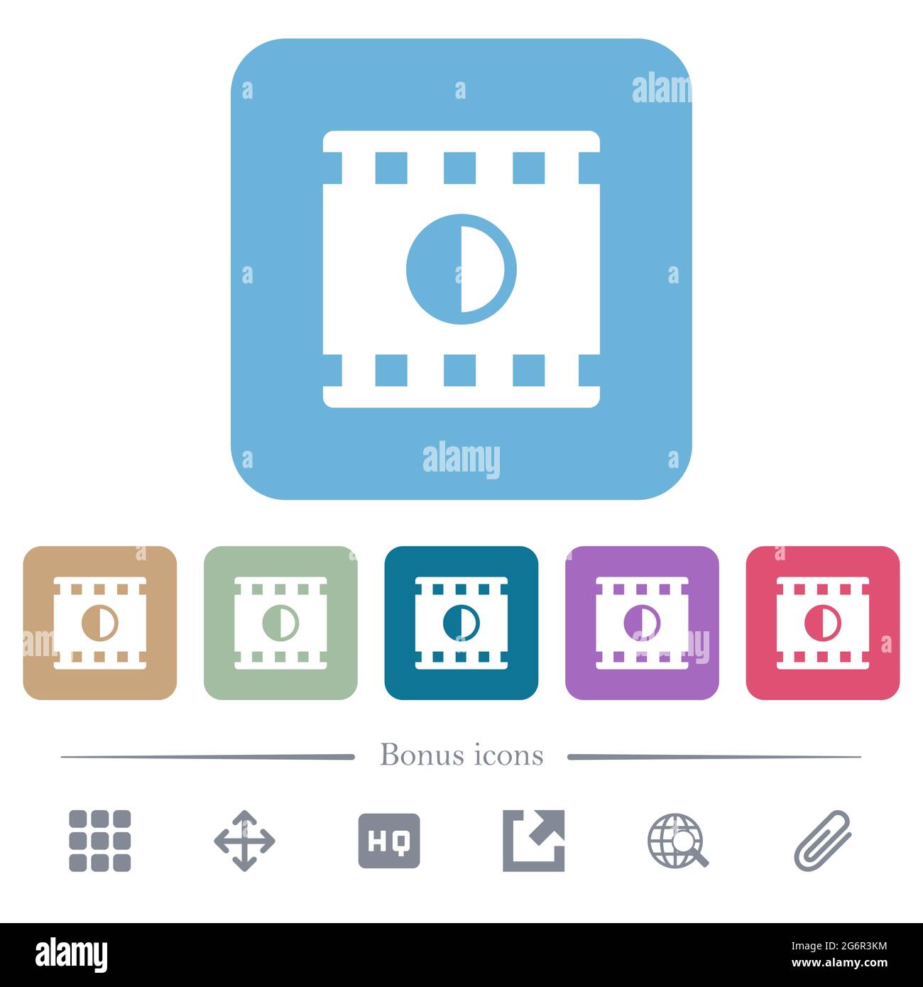 Movie contrast white flat icons on color rounded square backgrounds. 6 ...
