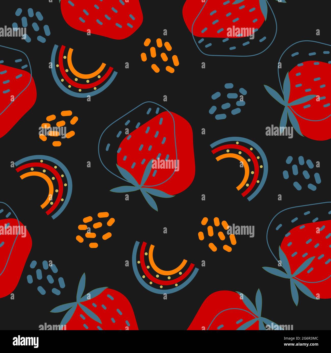 Seamless pattern with strawberries, rainbow, simple shapes on black background. Vector illustration. Stock Vector