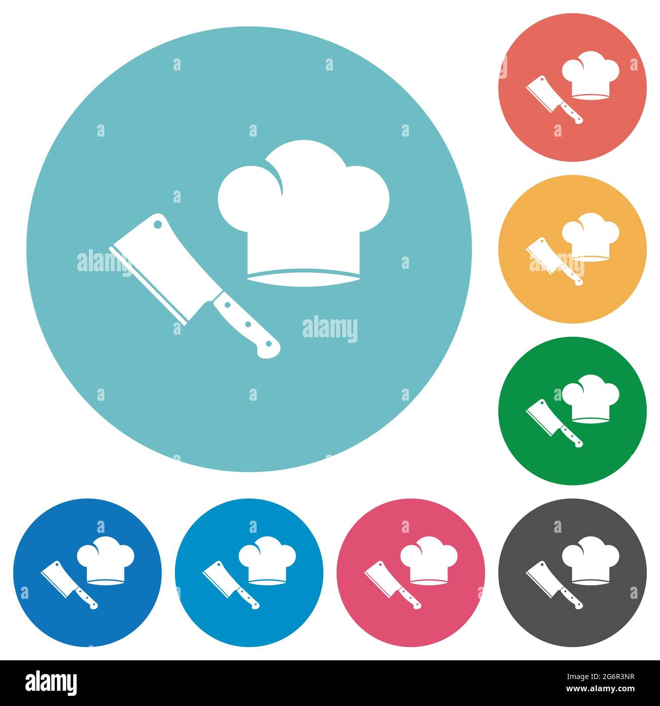 Meat cleaver knife and chef hat flat white icons on round color ...