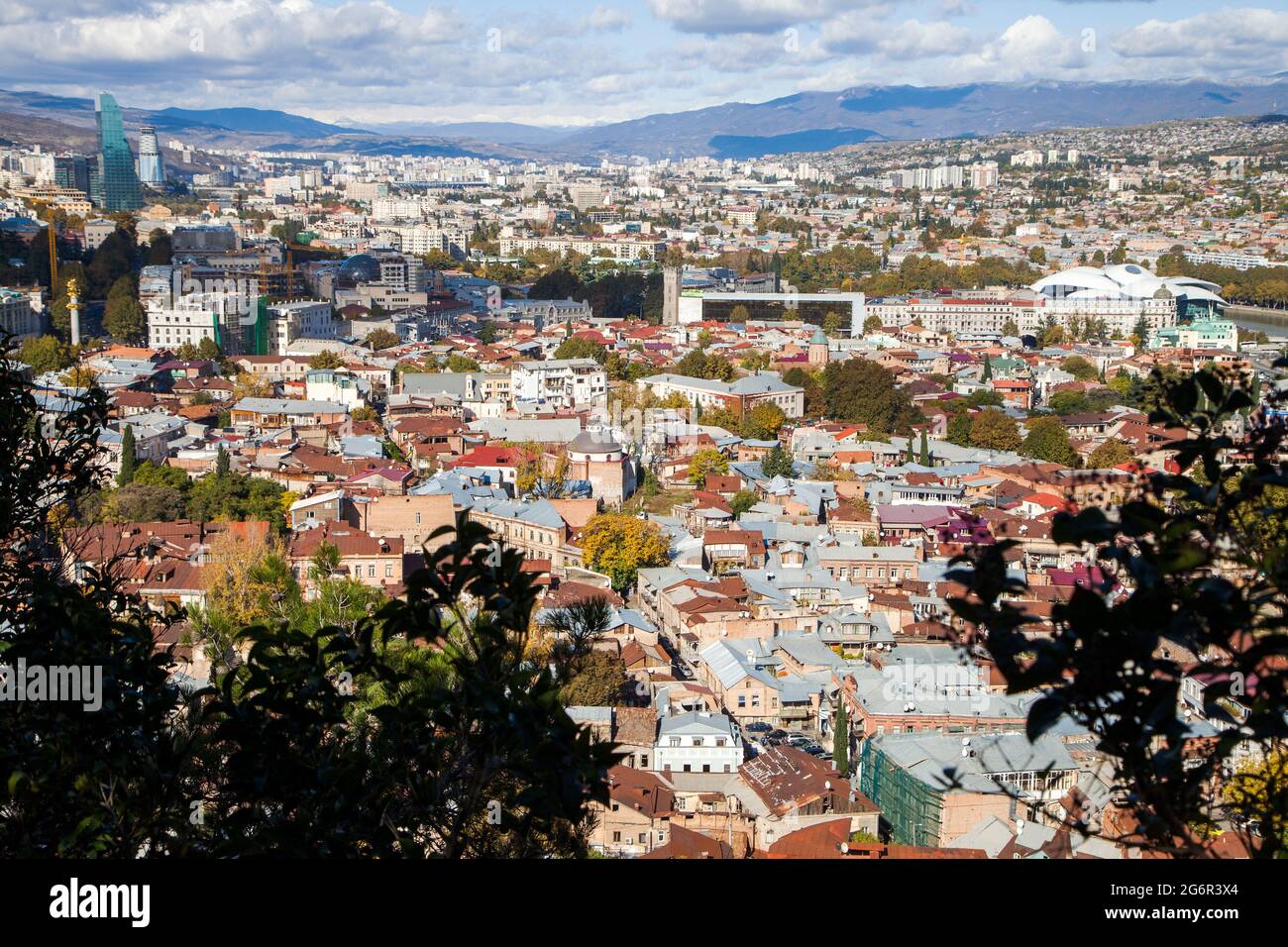 Panoramic view of Tbilisi city from the Narikala Fortress, old town and modern architecture.Tbilisi is the capital of the country of Georgia. Stock Photo