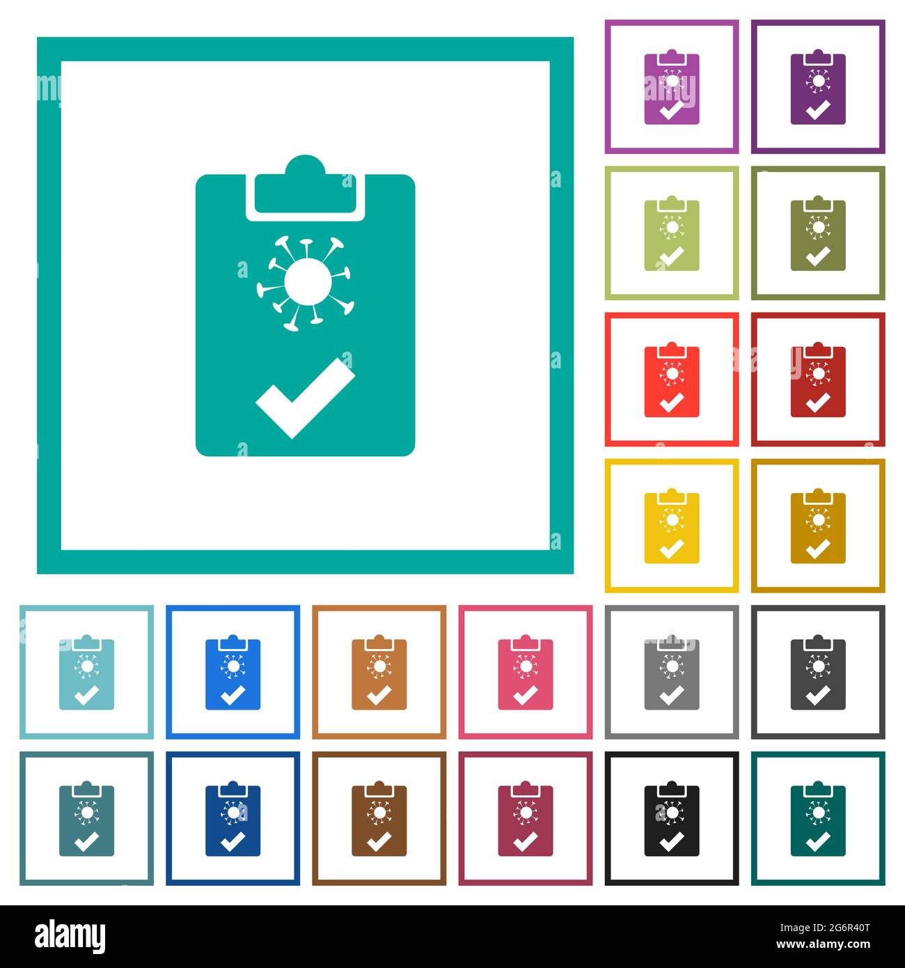 Covid test passed flat color icons with quadrant frames on white background Stock Vector