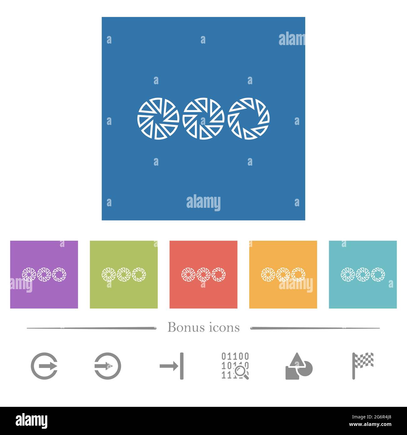 Set aperture size flat white icons in square backgrounds. 6 bonus icons ...