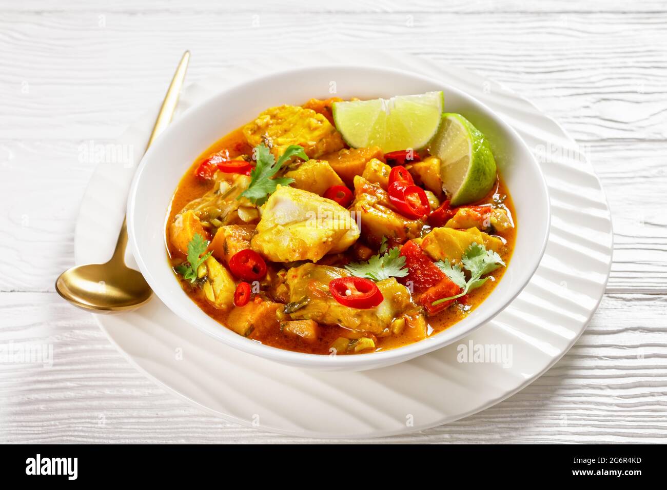 Brazilian seafood fish curry, Moqueca Baiana, with white fish, coconut milk, various vegetables