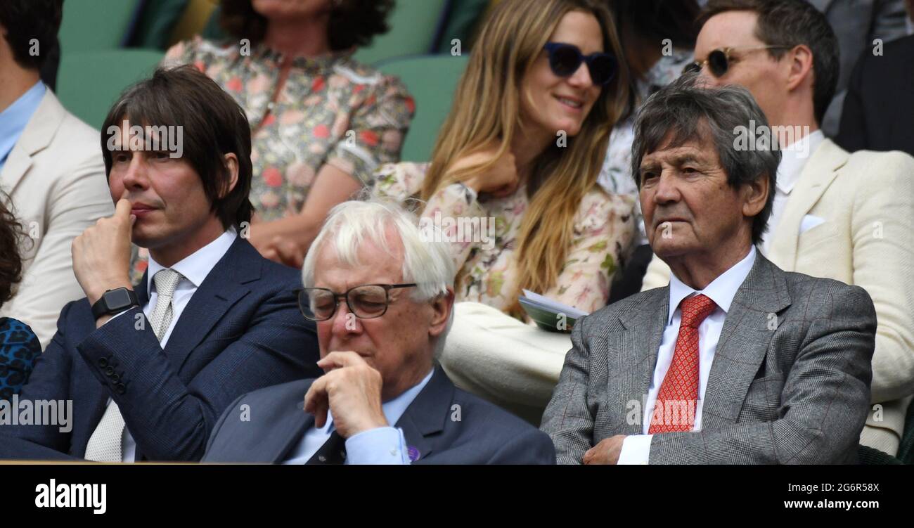 London, Gbr. 07th July, 2021. London Wimbledon Championships Day 9 07/07/2021 Brian Cox, Sir Chris Patten and Melvin Bragg in the Royal Box Credit: Roger Parker/Alamy Live News Stock Photo