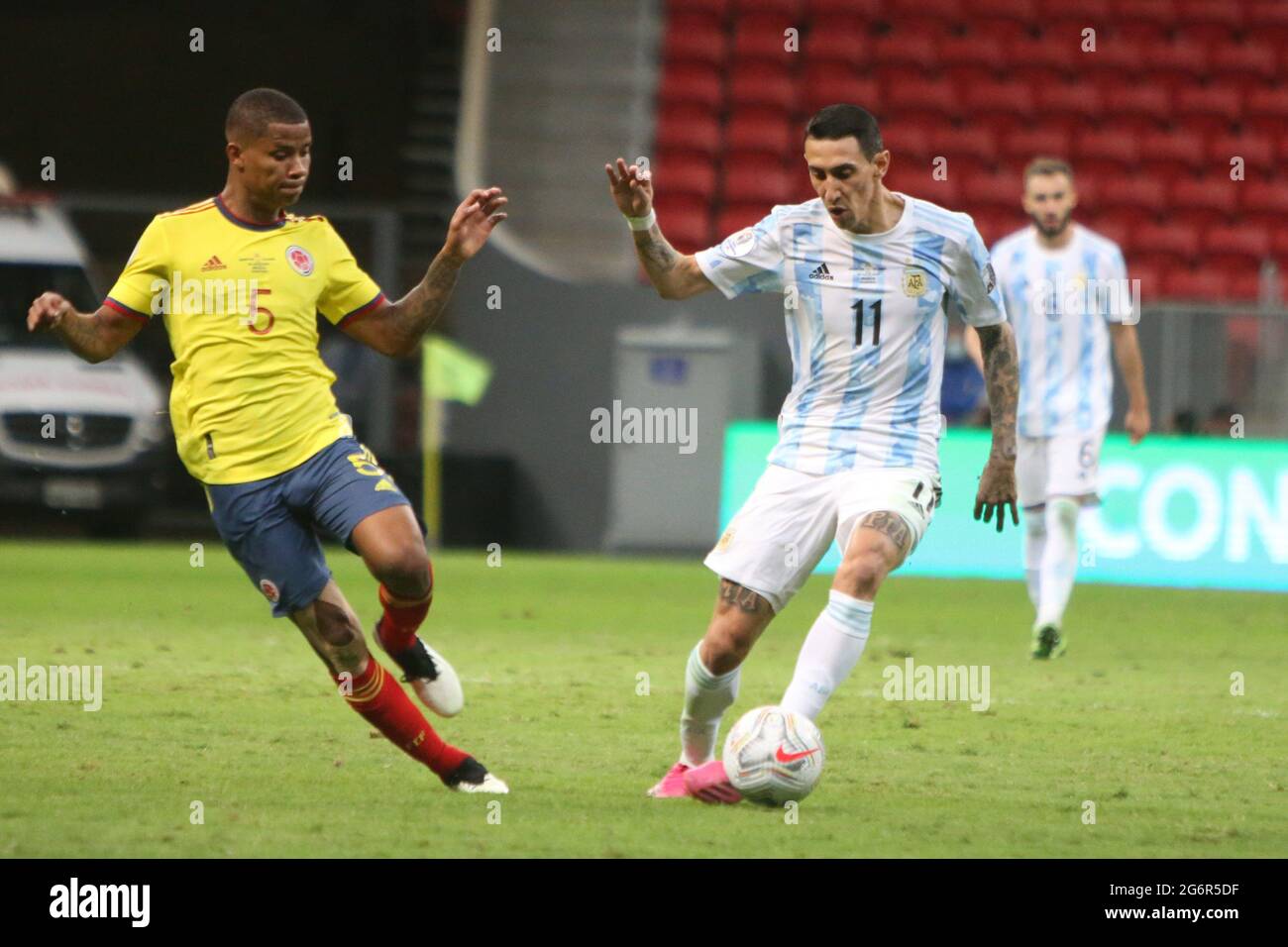 Angel Di Maria of Argentina and Wilmar Barrios of Colombia during the Copa America 2021, semi-final football match between Argentina and Colombia on July 7, 2021 at Estadio Nacional Mane Garrincha in Brasilia, Brazil - Photo Laurent Lairys / DPPI Stock Photo