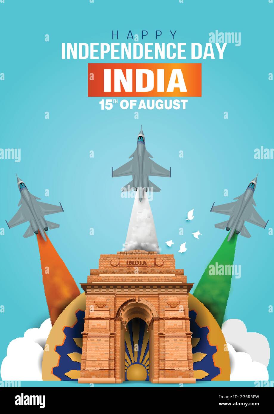 Happy Independence Day India concept with vector illustration of fighter jets and Indian flag colors, with blue background. Stock Vector
